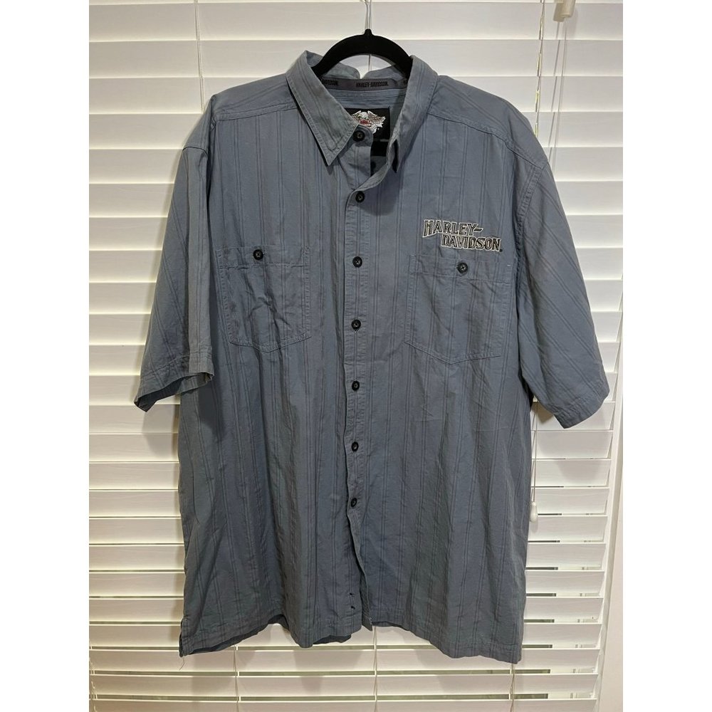 Harley Davidson Mens 2XL Blue Grey Striped Embroidered Short Sleeve Button Shirt